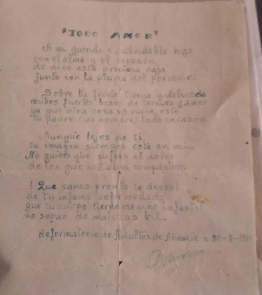 Carta que Vicente Machirán dedicó a su hijo que entonces tenía cuatro años.