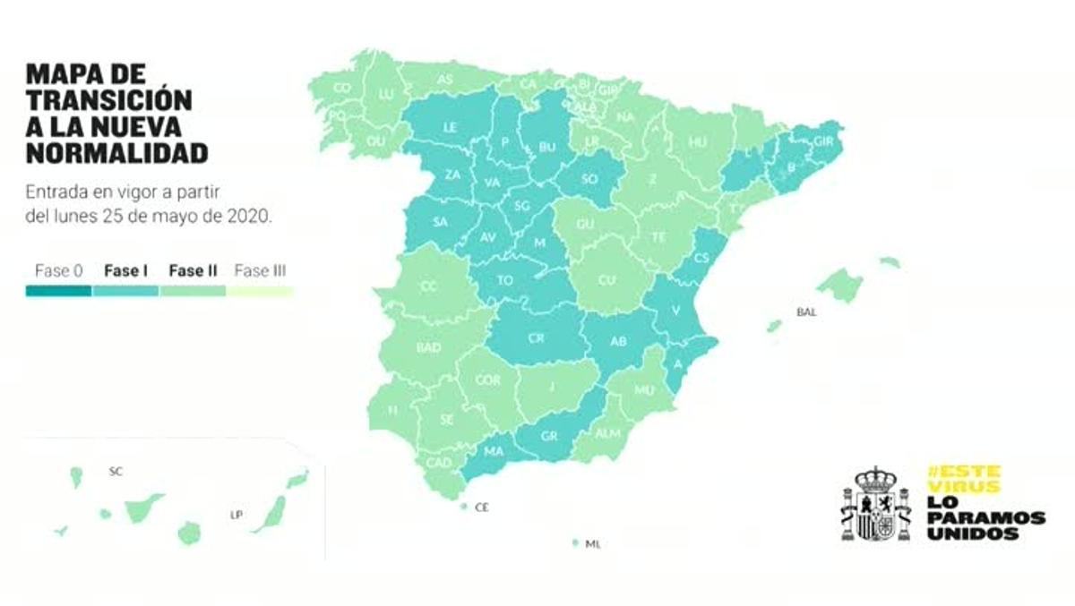 Nuevo mapa de la desescalada: media España en la fase 1 y el 47 % en la 2