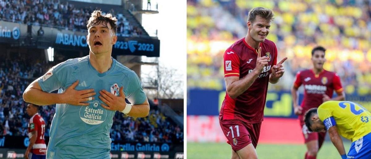 Larsen celebra su tanto contra el Granada, mientras que Sorloth hace lo propio en un partido del principio de la temporada