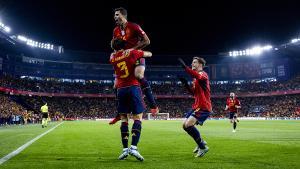 Rodrigo celebra un gol con la selección española.