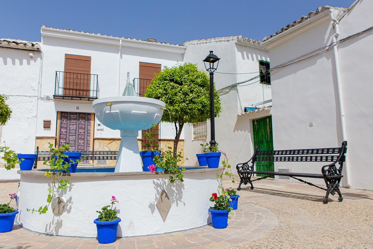 Una plaza de Fuente Tójar, decorada con macetas.
