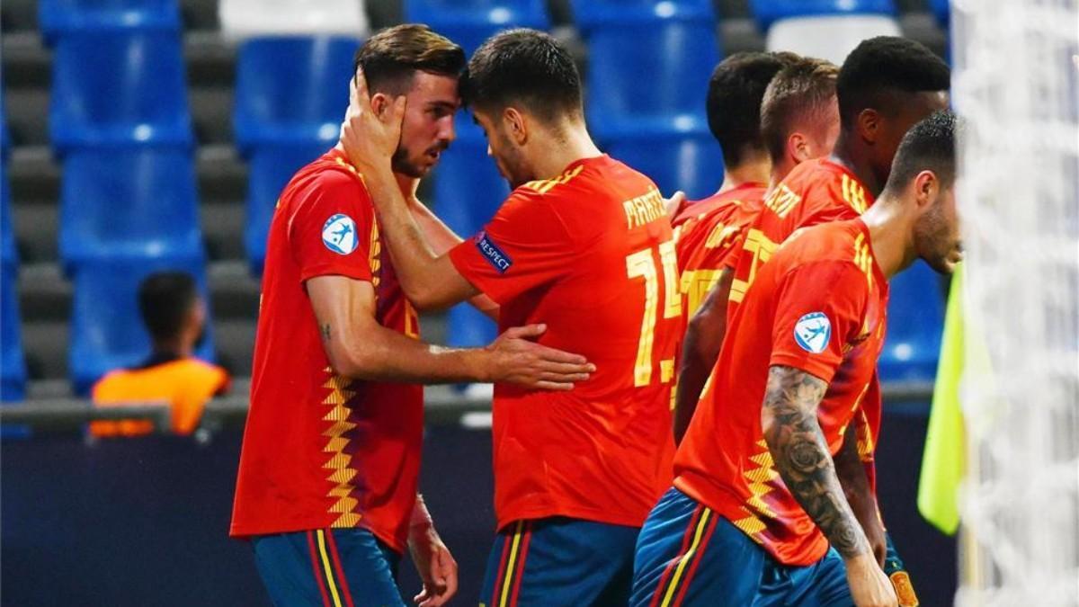 Los jugadores españoles celebran un gol en el Europeo Sub-21 2019, competición que le clasificó a los Juegos.