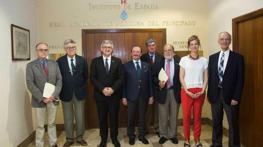 El jurado del premio &quot;Hipócrates&quot;, minutos antes de comunicar el fallo. De izquierda a derecha, Alfonso López Muñiz, Juan López Arranz, Santiago García Granda, Alejandro Braña, José Paz Jiménez, Julio Bobes, Marta Hernández y Jaime Martínez.