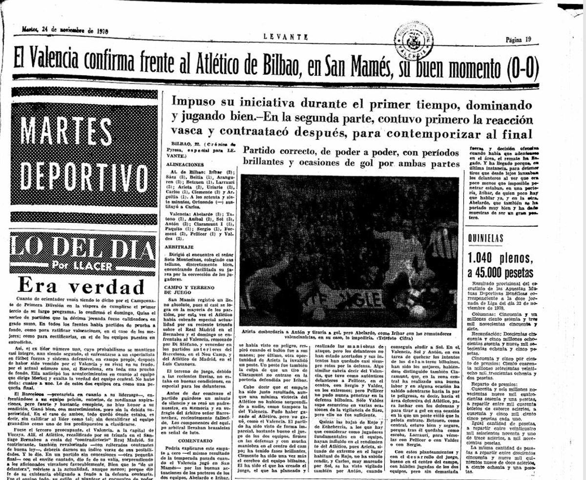 Crónica del Athletic - Valencia en noviembre de 1970