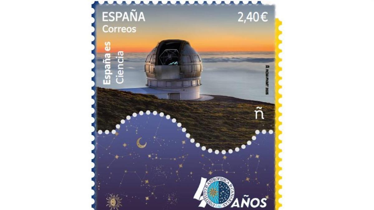 Sello conmemorativo del 40 aniversario del IAC emitido por Correos.