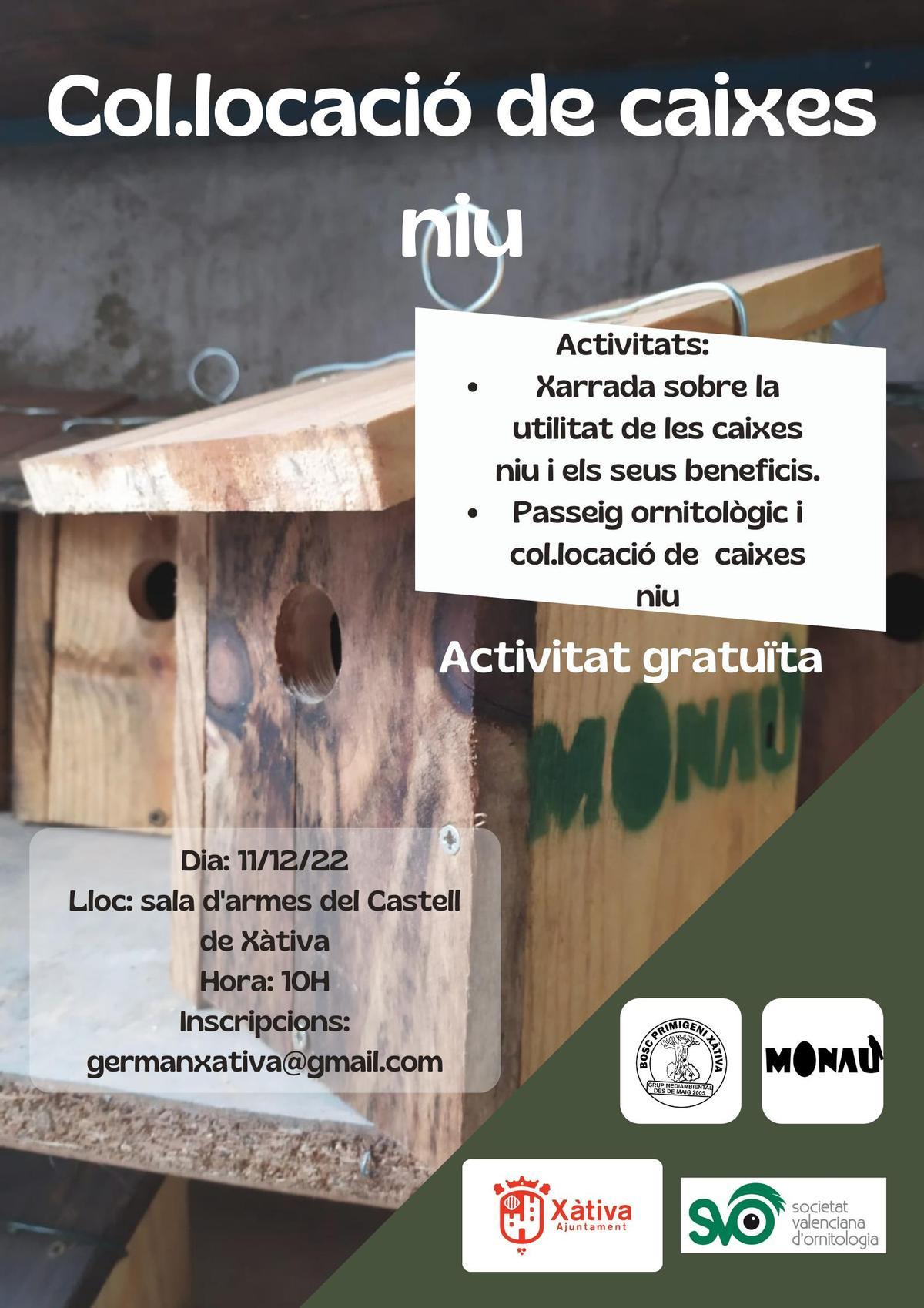 Cartel sobre la actividad programada el próximo domingo para instalar cajas-nido en el entorno del Castell de Xàtiva.