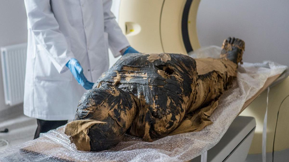 La momia embarazada, lista para ser sometida a un examen de rayos X en un centro médico en Otwock, localidad cercana a la capital polaca Varsovia, el 15 de diciembre de 2015