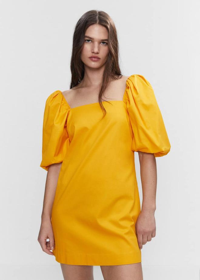 Vestido corto amarillo con manga farol de Mango