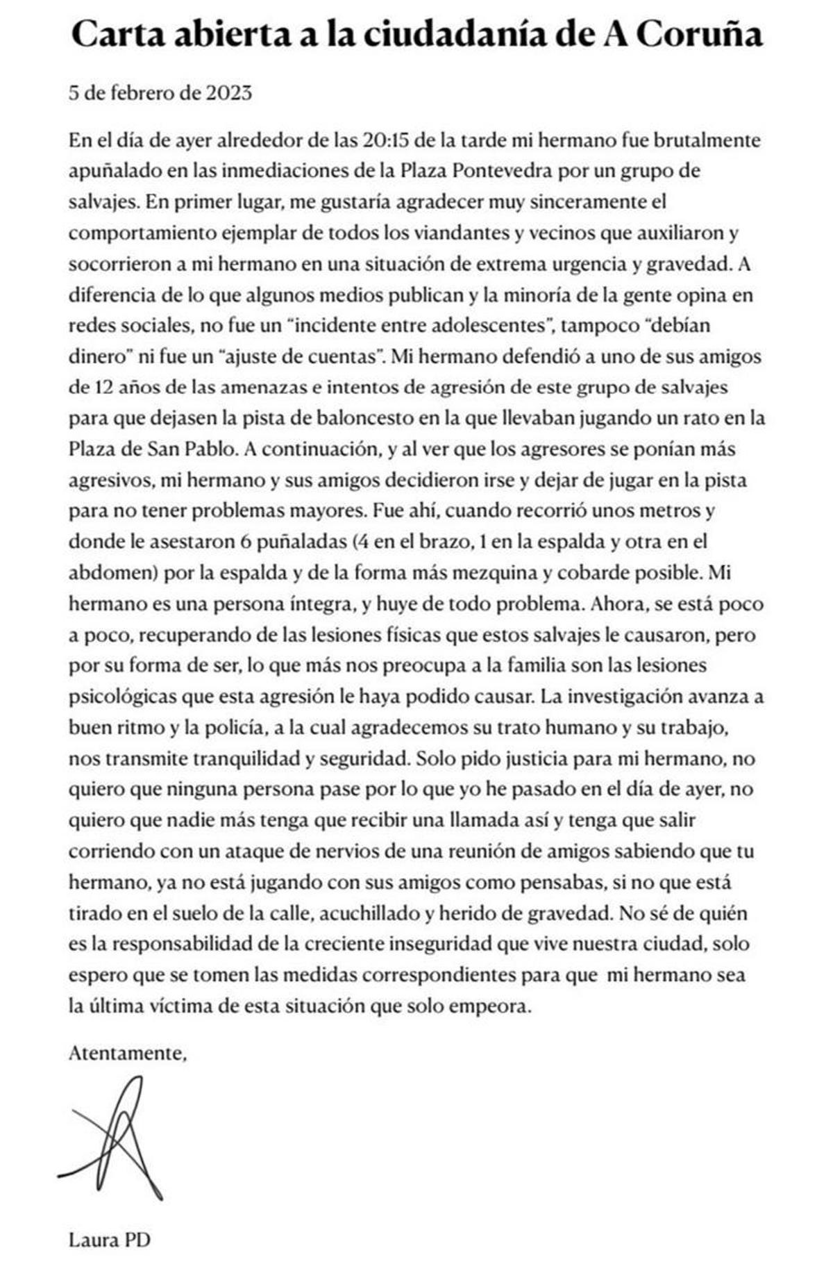 Carta abierta de la hermana del joven apuñalado en A Coruña.