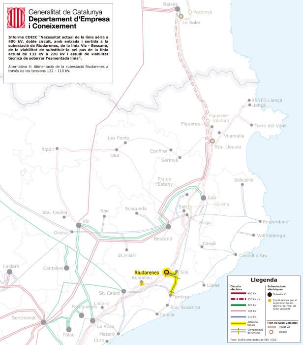 Mapa de l'alternativa 4, que preveu alimentació a través de les tensions de 110 kV i 132 kV, aprofitant molta xarxa ja existent.