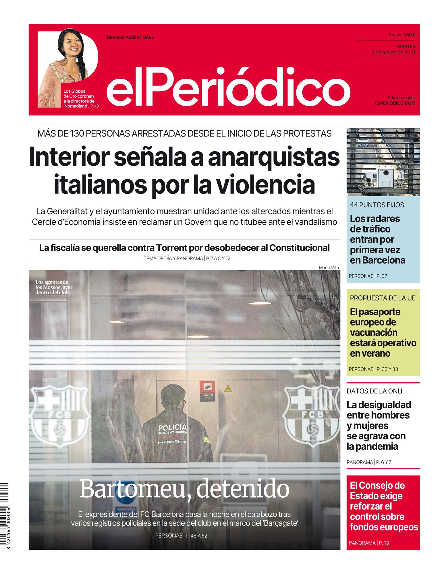 La portada de EL PERIÓDICO del 2 de marzo de 2021