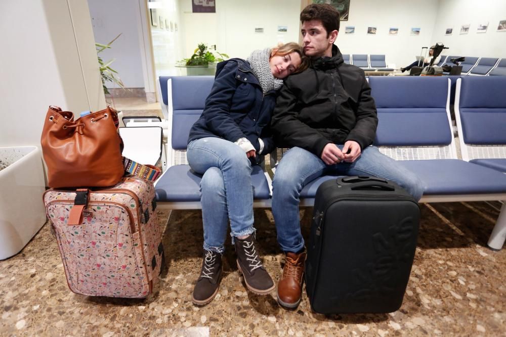 Largas esperas en el aeropuerto de Asturias por los vuelos cancelados por la niebla el viernes.