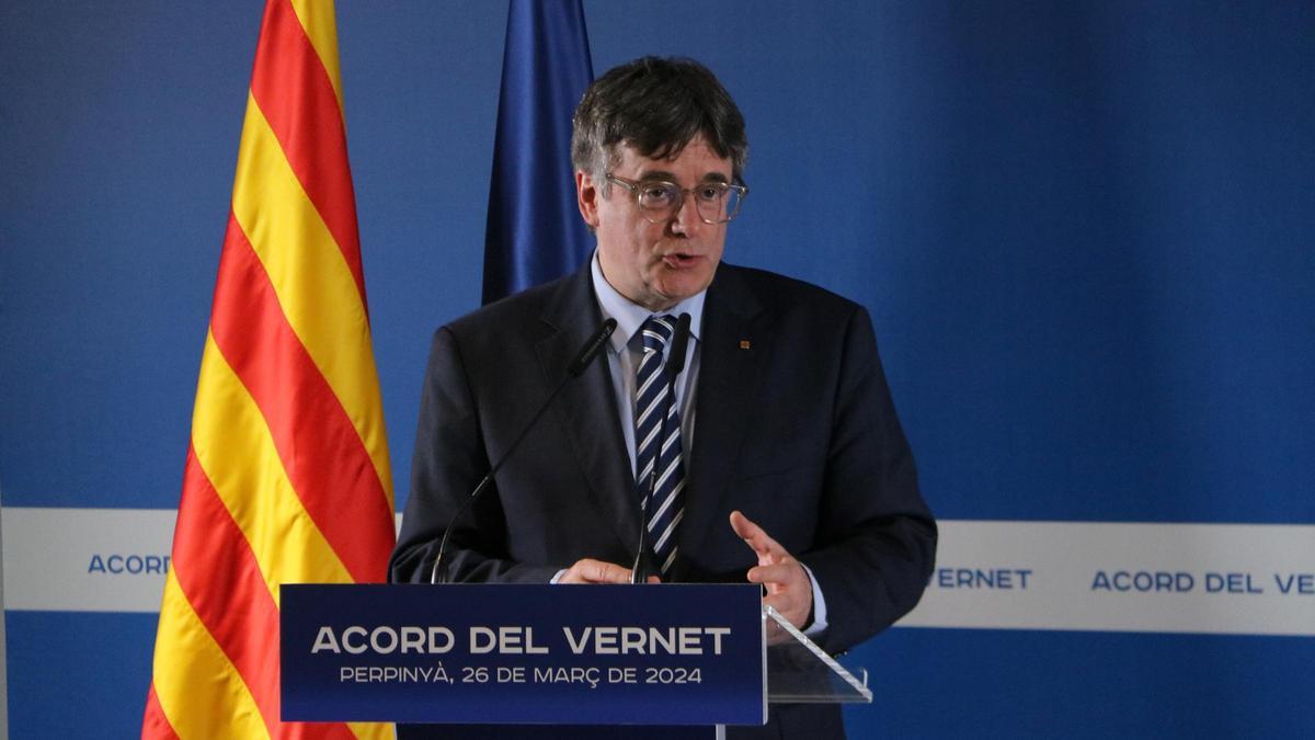 El candidat de Junts al 12-M, Carles Puigdemont, durant la seva intervenció