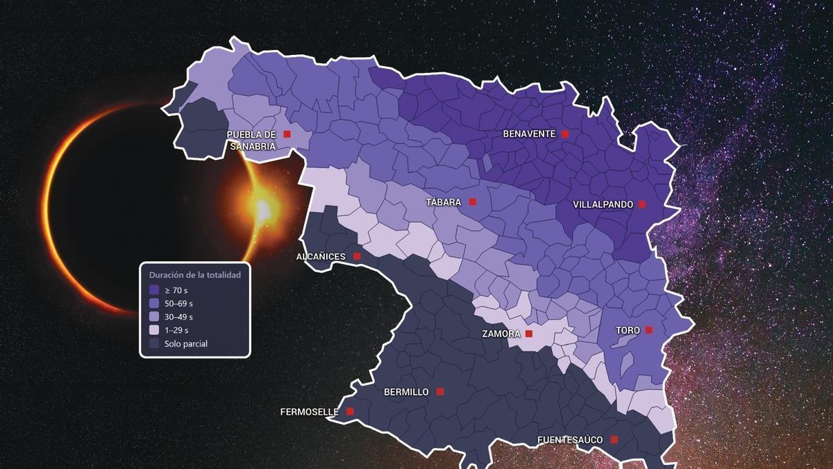 Sitios donde se verá el eclipse total en la provincia agrupados por su duración