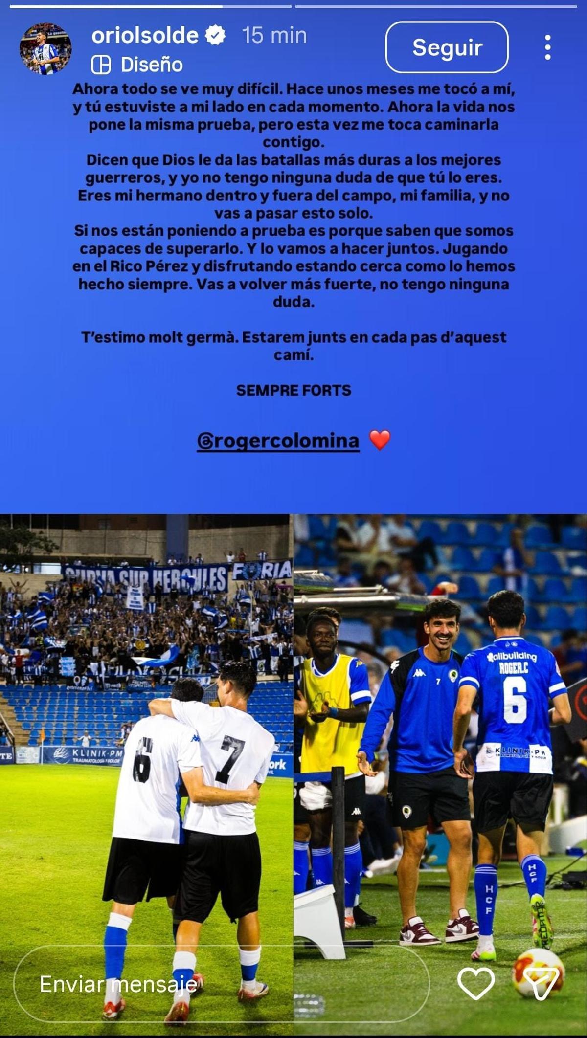 Mensaje que le dedicó Oriol Soldevila a Roger Colomina tras confirmarse el mal pronóstico de su rodilla.