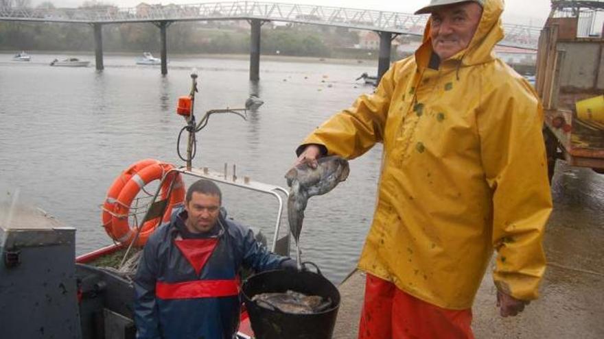 Unos pescadores descargan sus capturas en el puerto de Cesantes el pasado jueves.  // Faro