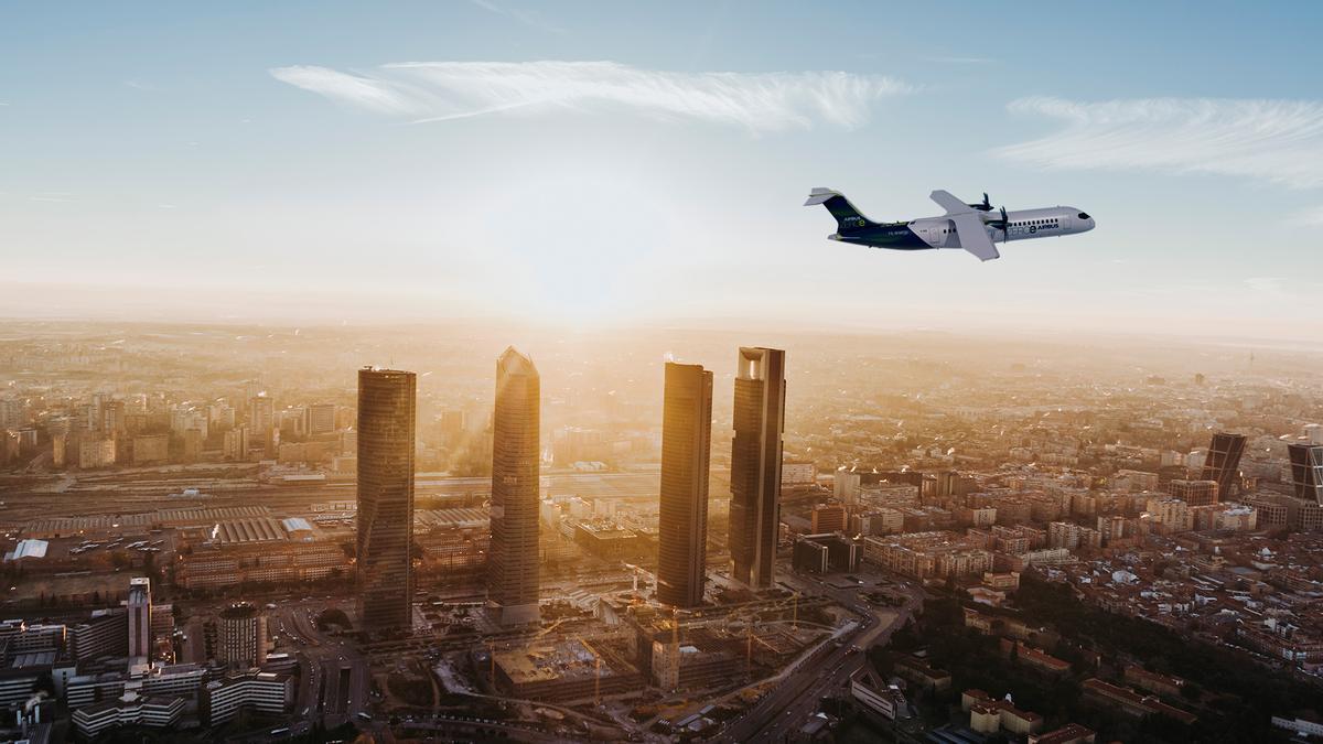 Imagen simulada del prototipo de avión de Airbus propulsado por hidrógeno verde sobrevolando Madrid.