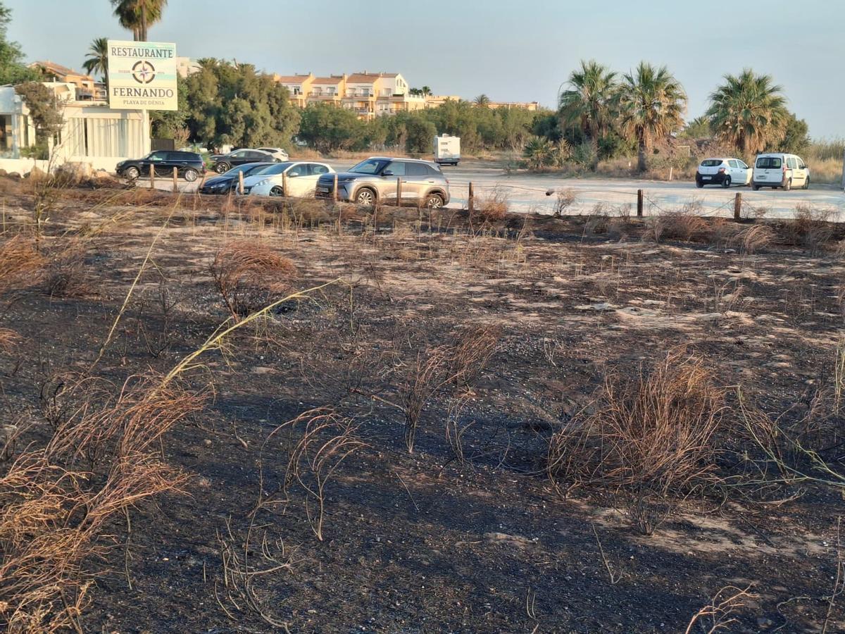 Un tramo de duna calcinado y escombros, abandono y cenizas: el estrago del incendio de Dénia junto a la playa del Raset