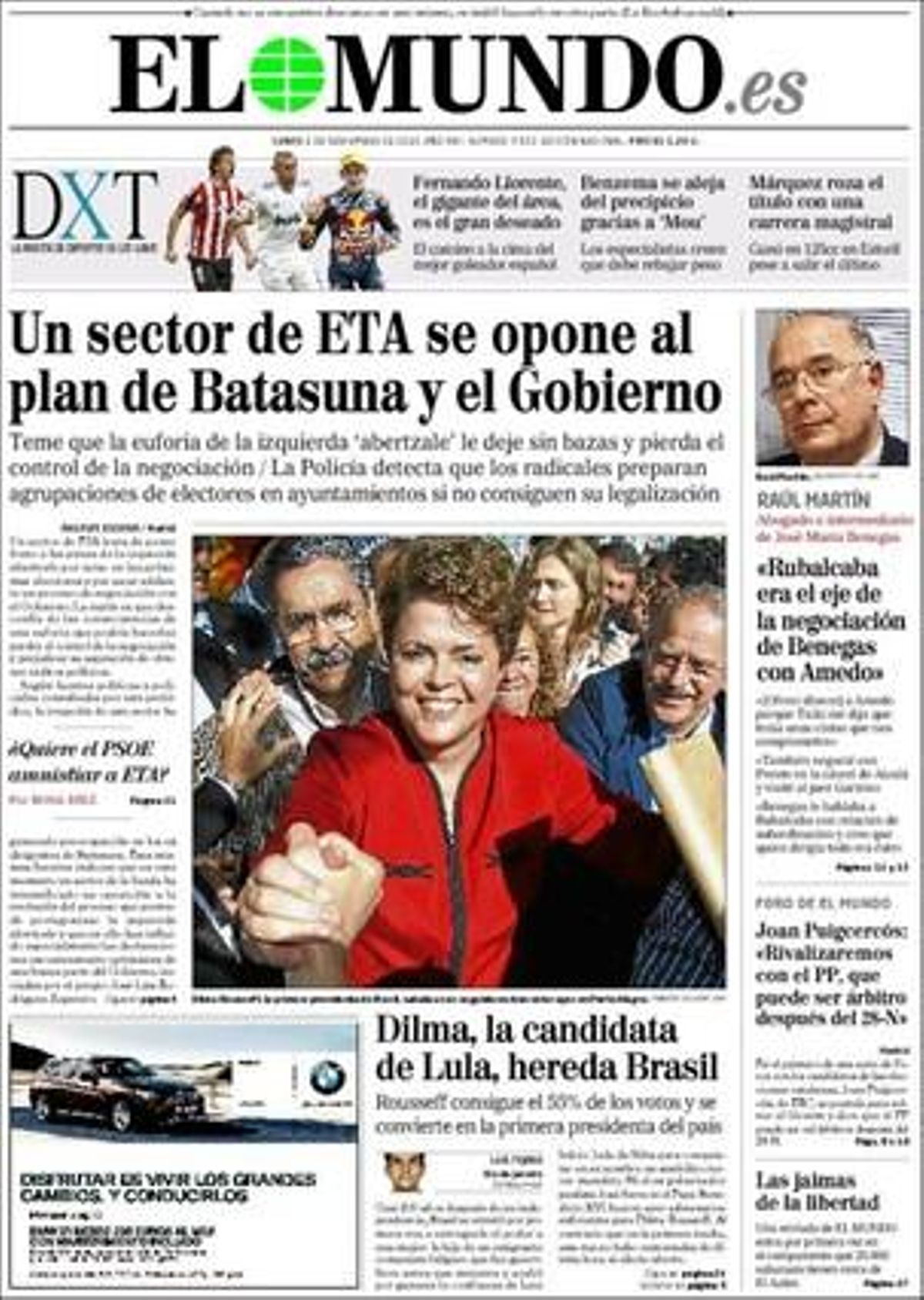 ’El Mundo’ , a més dels temes que porta a la portada, destaca a dins que CiU recela de l’anticatalanisme del PP i no veu clara l’oferta de Rajoy, i que Alicia Sánchez-Camacho demana un debat televisiu en castellà i un altre en català al·legant que la societat catalana és bilingüe; que el magatzem de residus d’Ascó arribarà al límit a mitjans del 2011, i que els controladors aeris planegen una altra vaga de cara als dies de Nadal.