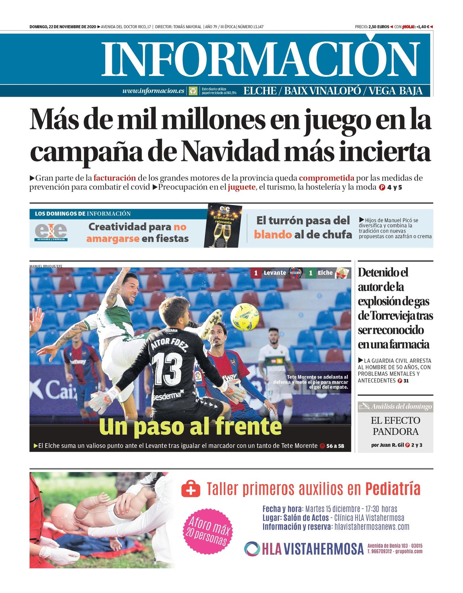 Portada del Diario Información del domingo 22 de noviembre de 2020