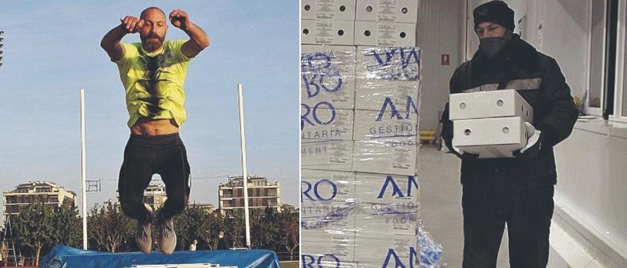 José Emilio Bellido, entrenando en Gaetà Huguet (i) y trabajando en la empresa de congelados Dil DeCasa, en Castelló.