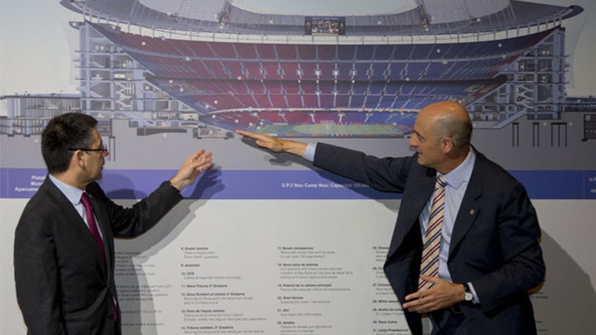 Josep Maria Bartomeu y Jordi Moix durante la presentación del Espai Barça