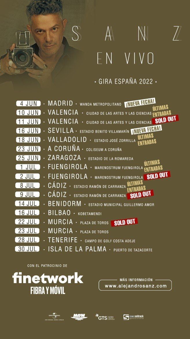 ENTRADAS ALEJANDRO SANZ BENIDORM | Ya están a la venta las entradas para el concierto de Alejandro Sanz en Benidorm