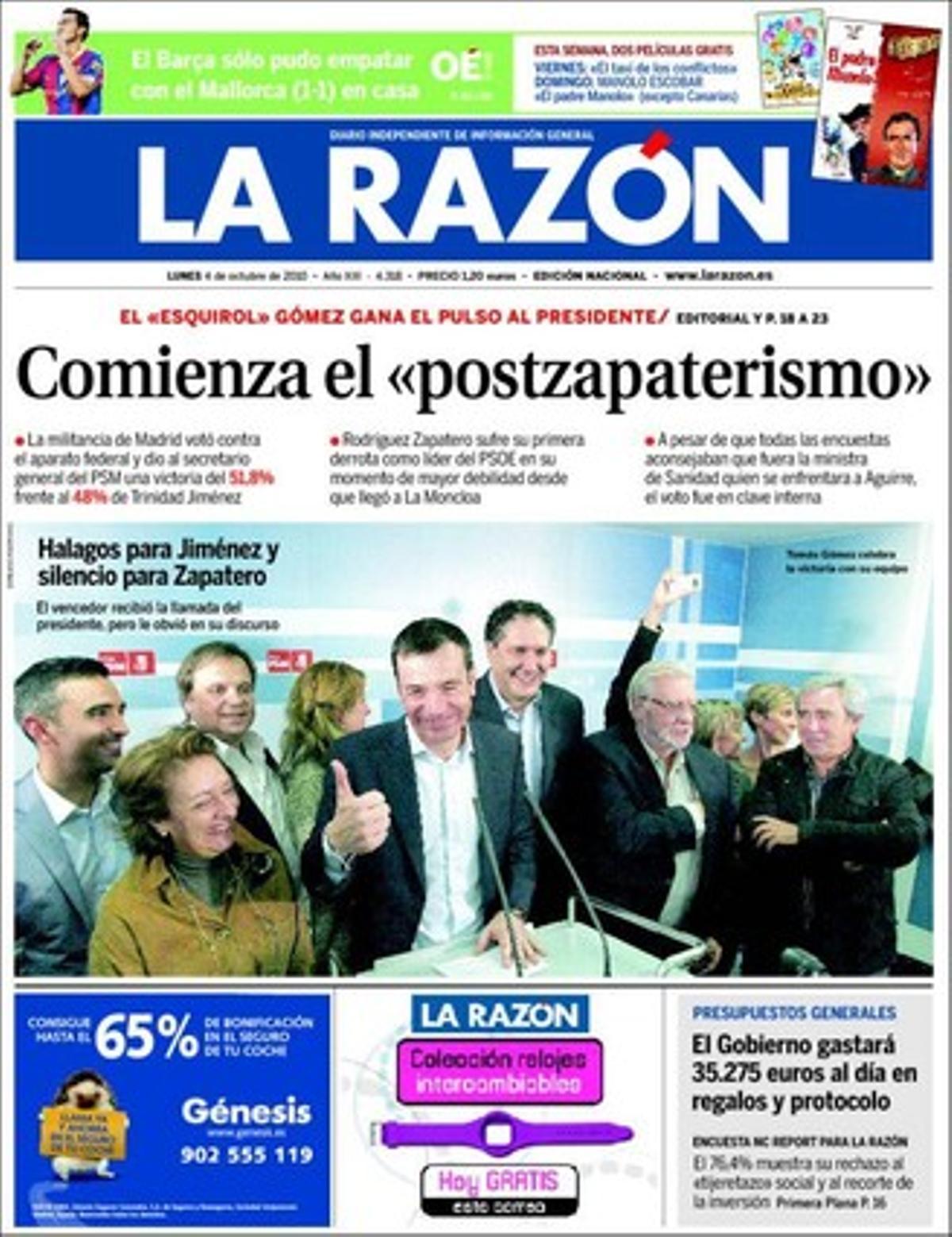 ’La Razón’ destaca com a tema propi que, analitzant el projecte de pressupostos generals de l’Estat per al 2011, el Govern gastarà 35.275 euros cada dia en sopars i regals, i també que el Ministeri de Defensa pren l’atenció dels fills als metges militars, així com que la Junta d’Andalusia nega per carta que els metges de família puguin objectar en cas d’avortament.