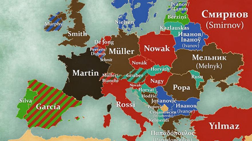 Mapa con los apellidos más comunes en los países europeos