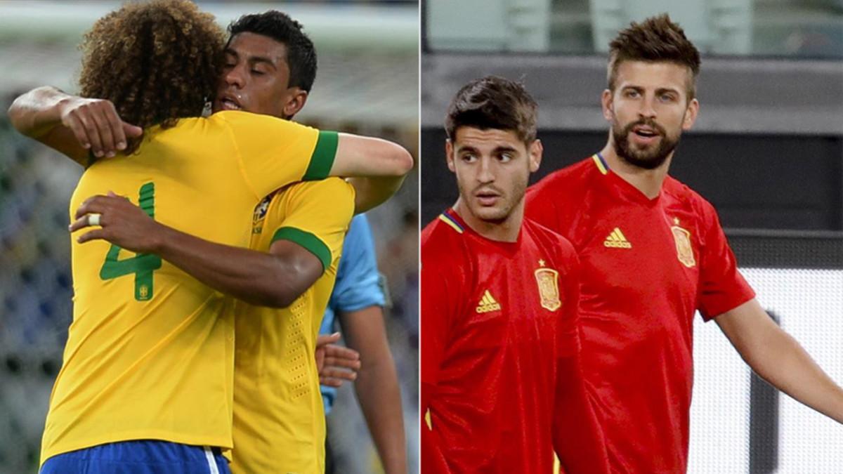 David Luiz y Paulinho durante un partidod e Brasil y Piqué y Morata en un entrenamiento de España