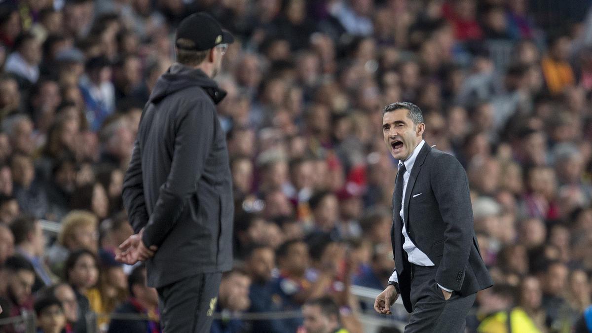 Valverde junto a Klopp durante el partido de ida de las semifinales de la Champions entre Barça y Liverpool en el Camp Nou.