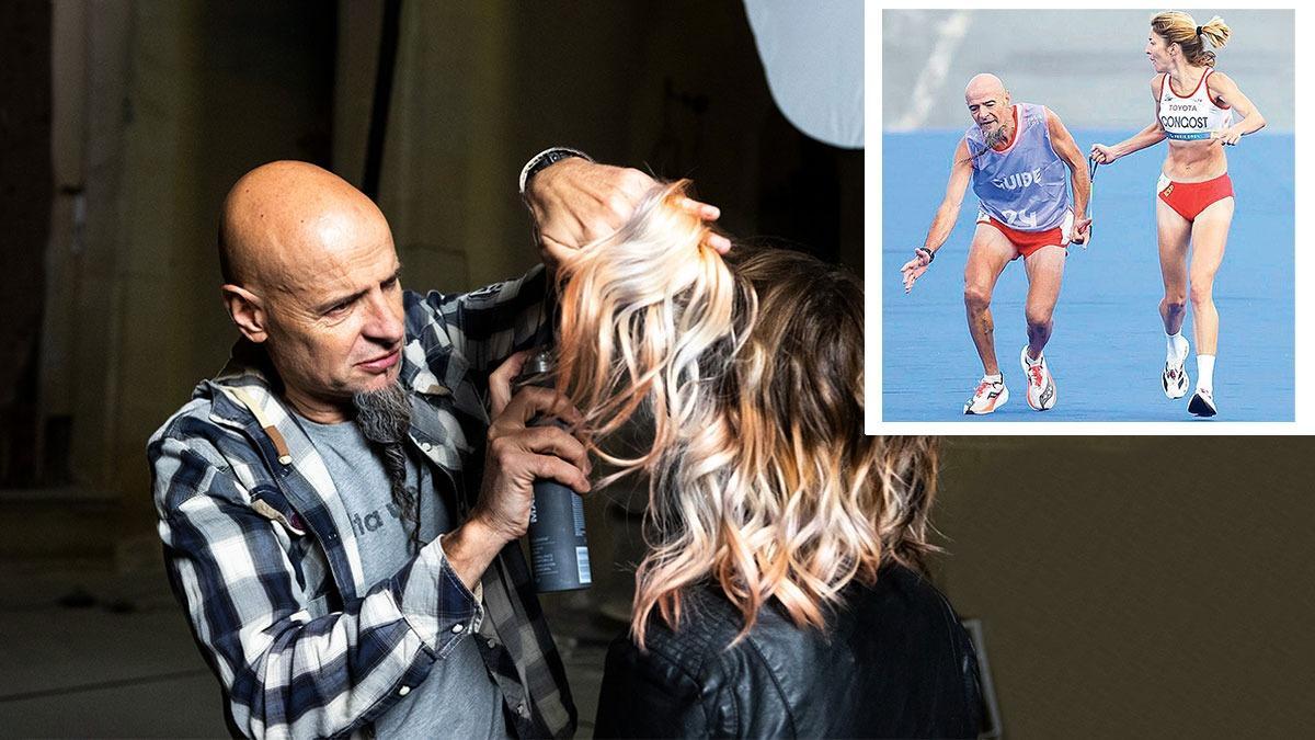 Mia Carol Bruguera en acción, peinando a una modelo, y el año pasado, como guía, en los Juegos Paralímpicos de París.