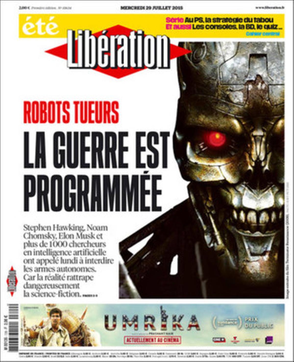 El diario francés 'Libération' ha dedicado su portada a las armas de inteligencia artificial.