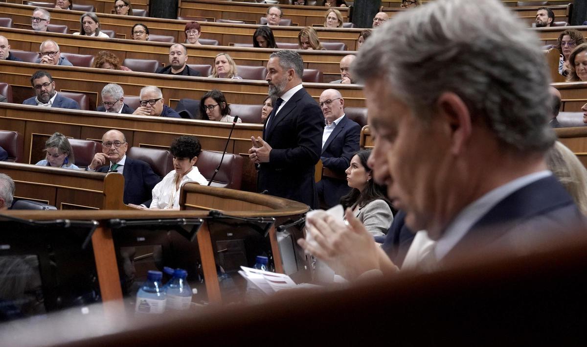 Santiago Abascal, Vox, y Alberto Núñez Feijóo, PP. Sesión de control al Gobierno en el Congreso de los Diputados.