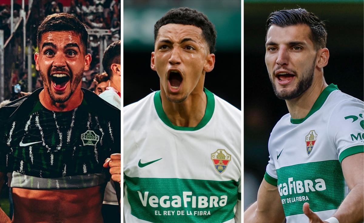 André Silva, Álvaro Rodríguez y Rafa Mir, durante distintos momentos de esta temporada con el Elche.