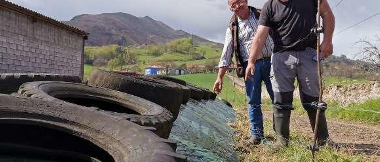 Francisco Cibrián y Gaspar Llerandi muestran los plásticos del silo agujereados a causa del granizo en Llames de Parres, ayer.