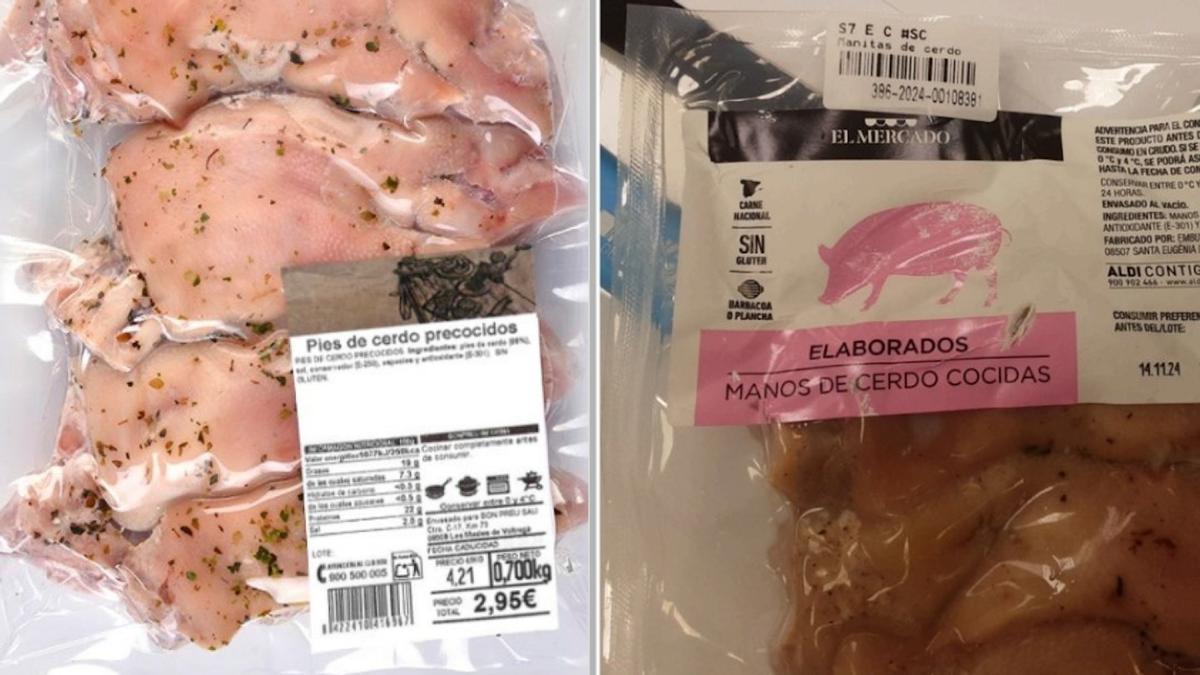 Los pies de cerdo precocidos del supermercado Bonpreu y las manos de cerco cocidas del supermercado Aldi.