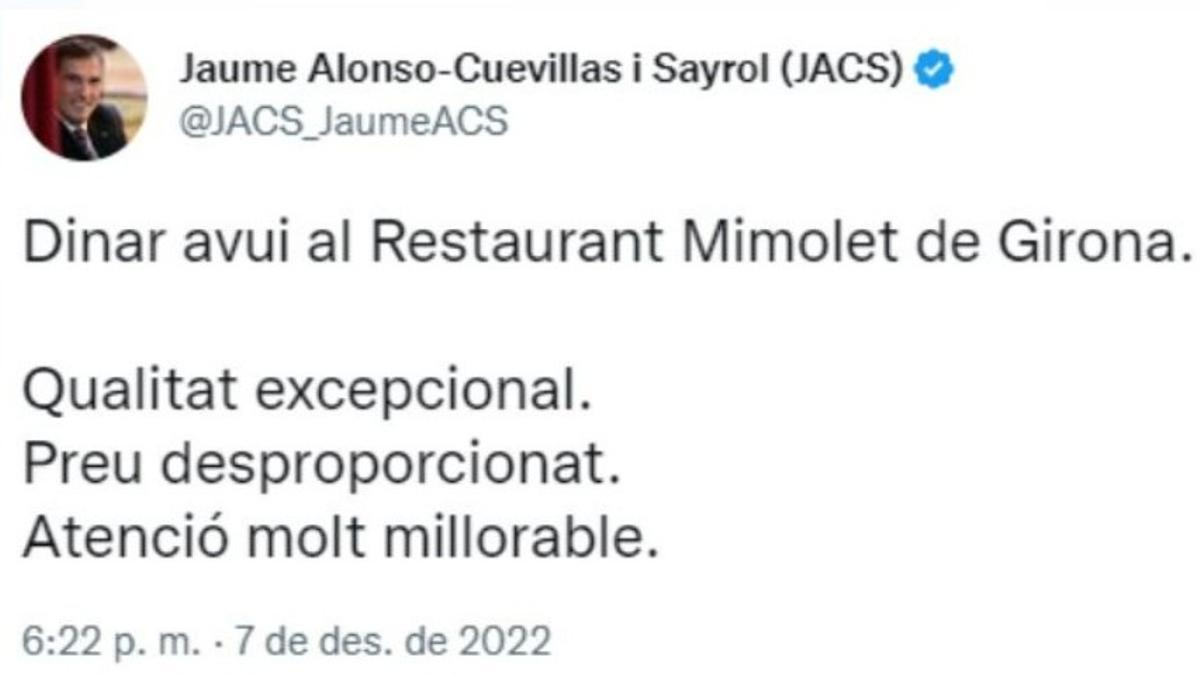 El tuit de Jaume Alonso-Cuevillas, escrito el día 7 y borrado menos de 24 horas después.