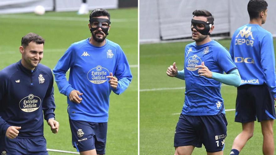 Lucas y Quiles entrenan con máscaras en Riazor