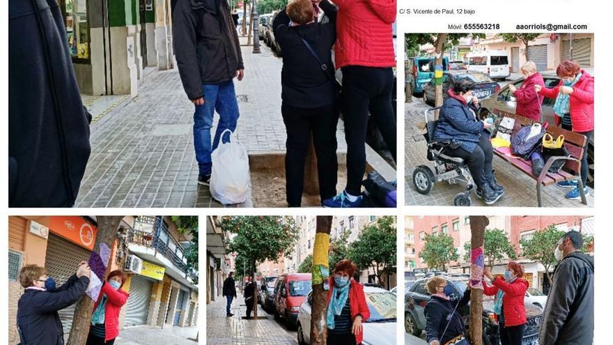 Los vecinos toman las calles de Orriols para vestir con piezas de lanas de colores los árboles y los parques.