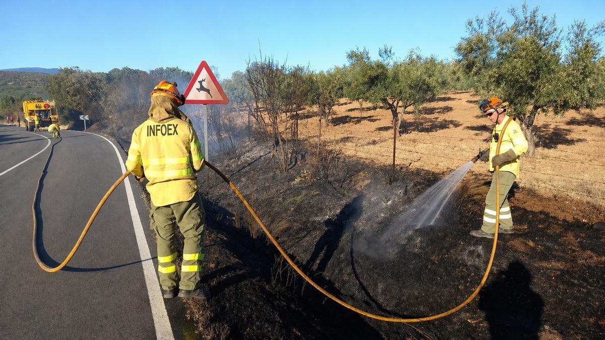Dos bomberos forestales del Infoex apagan un fuego junto a una carretera.