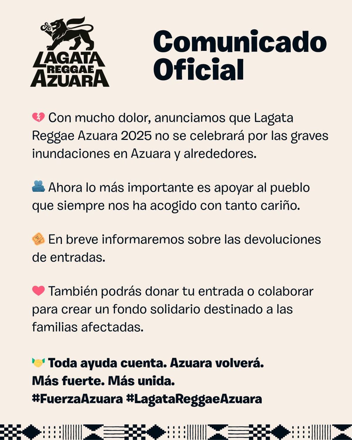 El comunicado de suspensión del Lagata Reggae Festival.