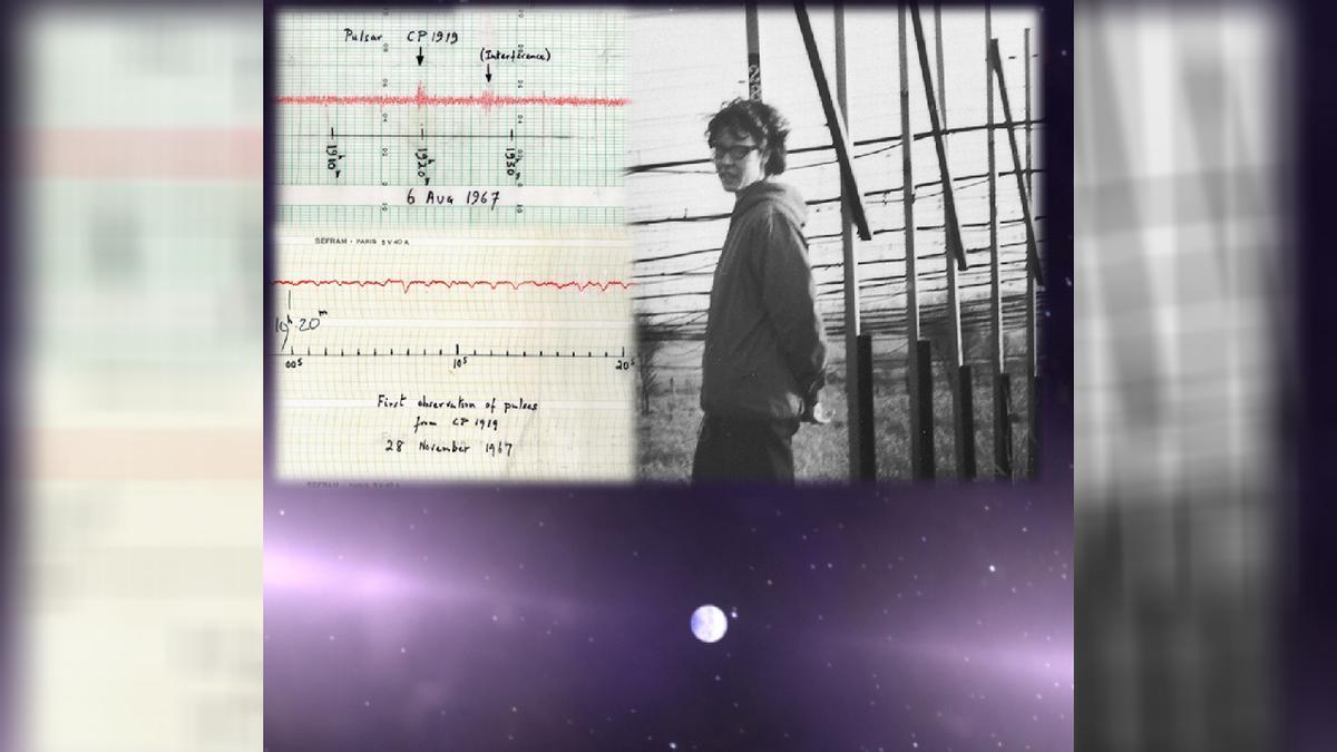 Jocelyn Bell Burnell junto al radiotelescopio que utilizó para descubrir el primer púlsar y los registros que tomó de sus pulsaciones. Debajo, representación artística de un púlsar, donde podemos ver la estrella de neutrones y los haces de luz emitidos a través de sus polos magnéticos.