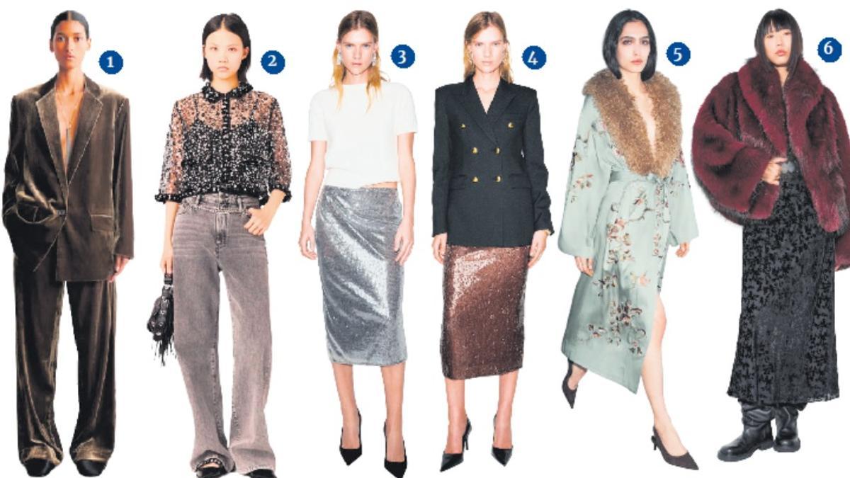 1. Traje de chaqueta de terciopelo Hoss Intropia 2. Blusa con pedrería y transparencias de Maje 3 y 4. Faldas midi de lentejuelas de Mango 5. Kimono con cuello de pelo de Zara 6.Abrigo de pelo MAX&amp;Co