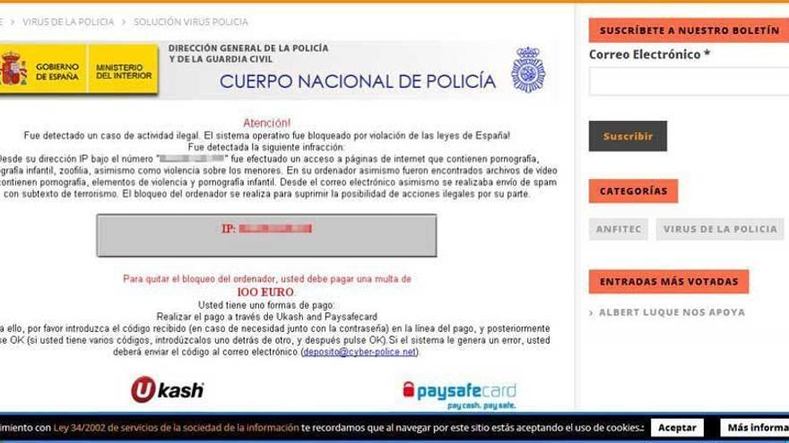 Imagen del falso mensaje de la Policía que iniciaba la estafa.