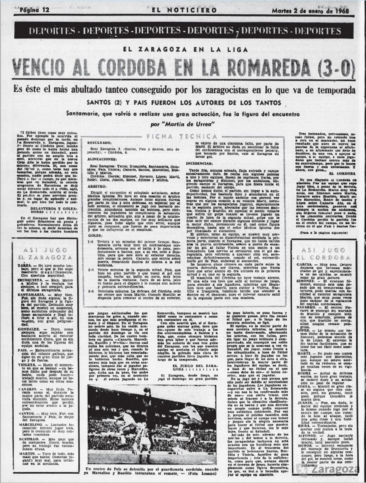 Crónica en 'El Noticiero' del Zaragoza-Córdoba jugado el 31 de diciembre de 1967.