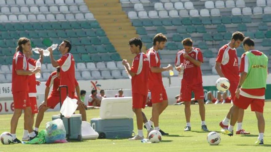 La plantilla del Elche, ayer, entrenando en el Martínez Valero.