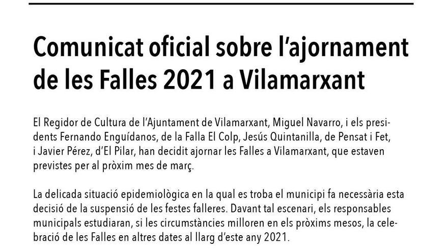 Vilamarxant aplaza las Fallas de 2021