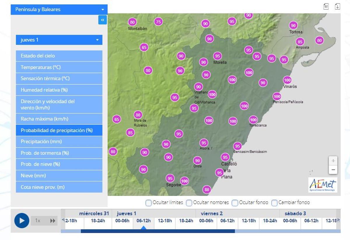 Probabilidad de lluvia el jueves entre las 6.00 y las 12.00 horas.