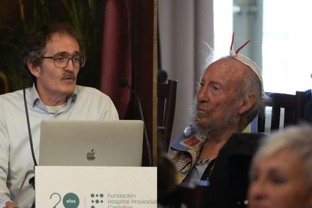 Natalio García, este jueves, dando la charla, y su padre, Ripollés, en el público.
